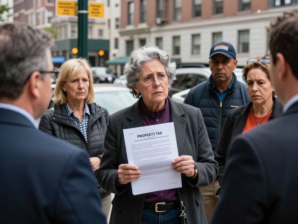 Diverse residents discussing property tax relief in a city council setting