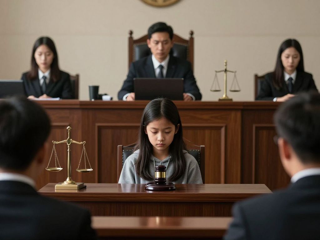 Illustration of a courtroom scene focused on child exploitation cases.