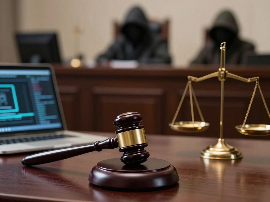 A courtroom setting representing a cyberstalking case.