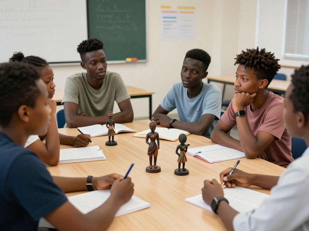 Students discussing African art history in a classroom at Boston University