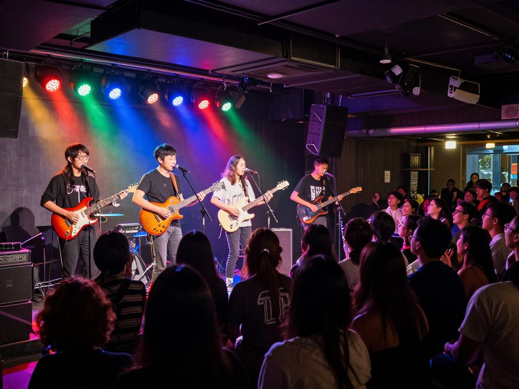 A vibrant concert at Deep Cuts with a cheering audience and performers on stage.