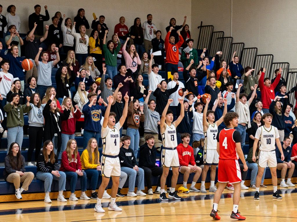 A basketball game between American University Eagles and Boston University Terriers with fans in attendance.