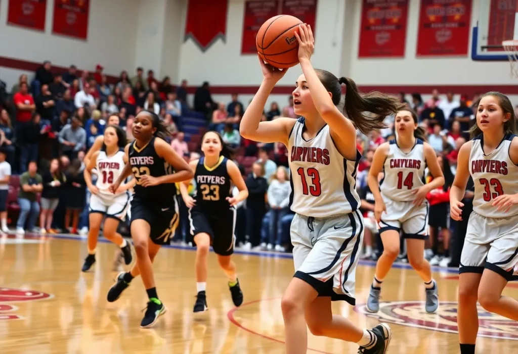 Young female basketball players competing on a high school court