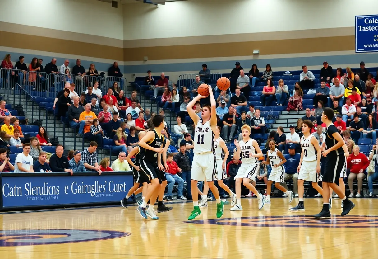 Eastern Massachusetts high school basketball players competing during a game.