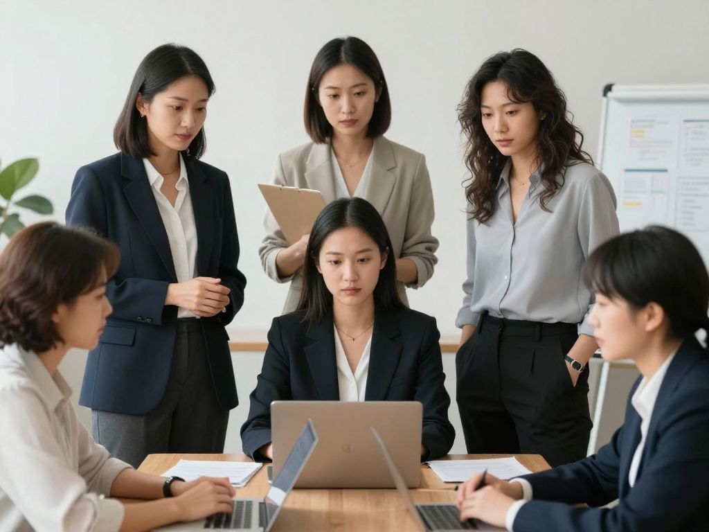 A diverse group of professionals collaborating in an office setting, representing women's empowerment and equality.