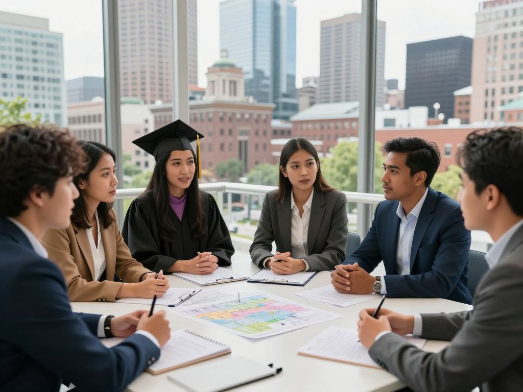 Students discussing urban planning concepts in front of Boston skyline