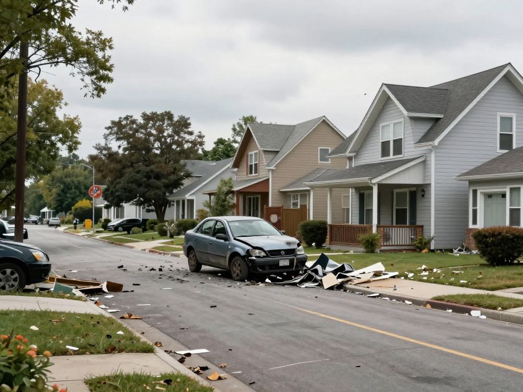 Damaged homes on Glendale Street after a car crash