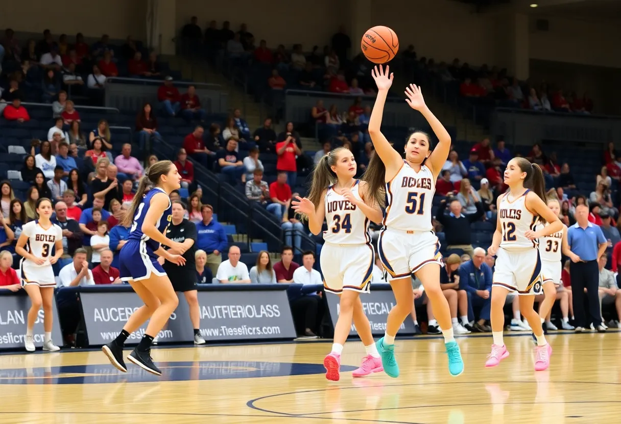 Bishop Fenwick girls' basketball team celebrating after their victorious match against St. Mary's.