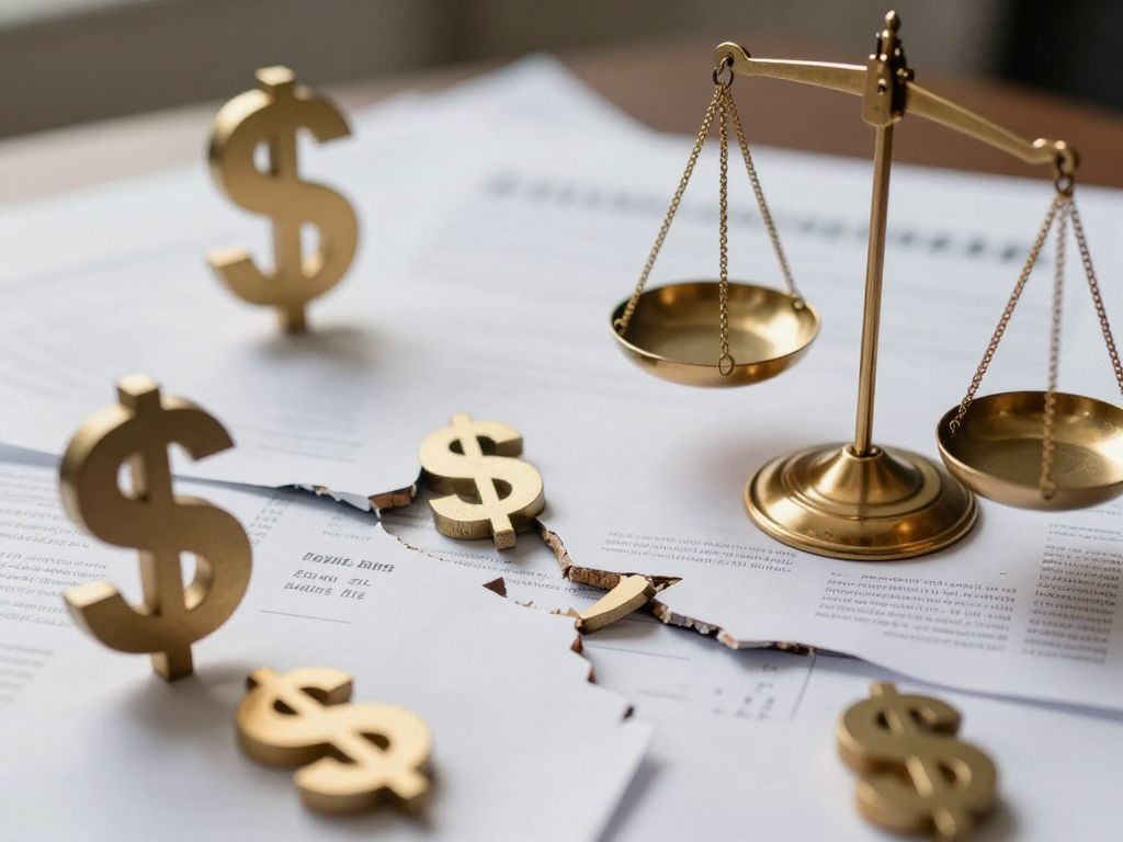 Abstract representation of financial fraud including symbols of money and justice.