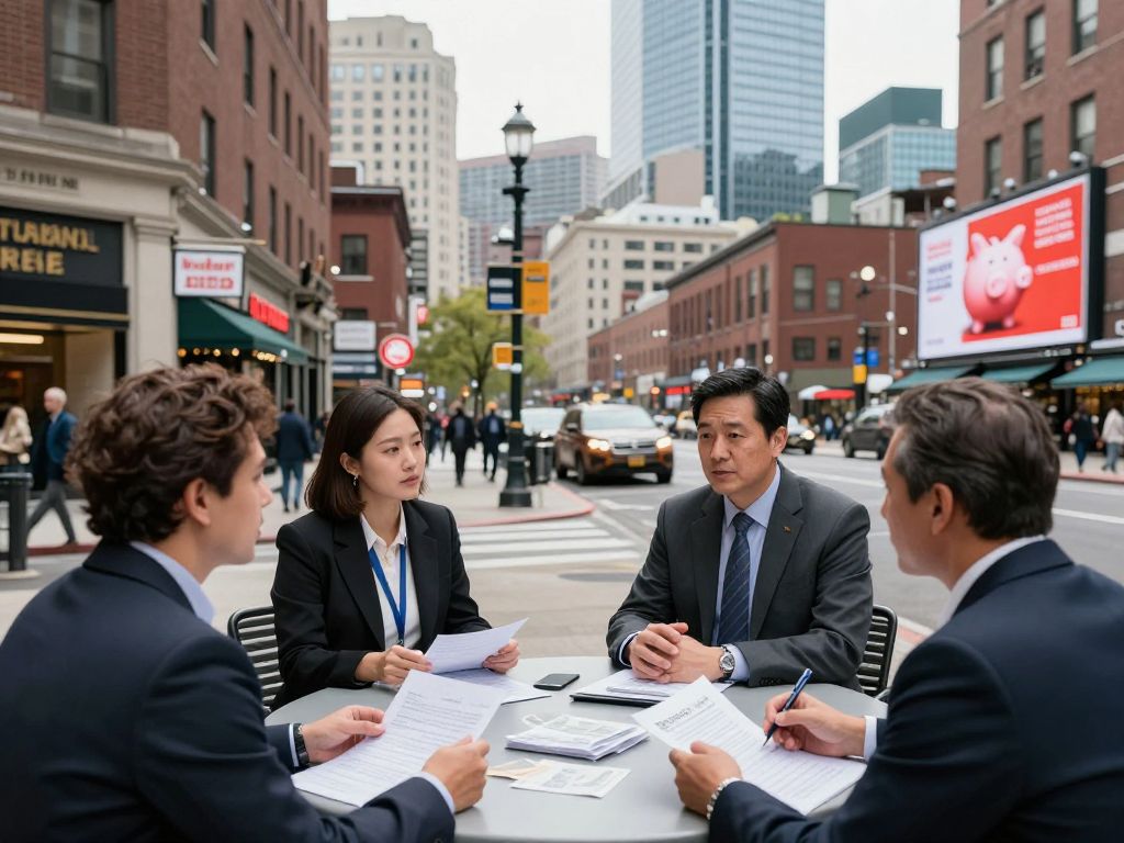 Boston city skyline with financial discussions happening in foreground