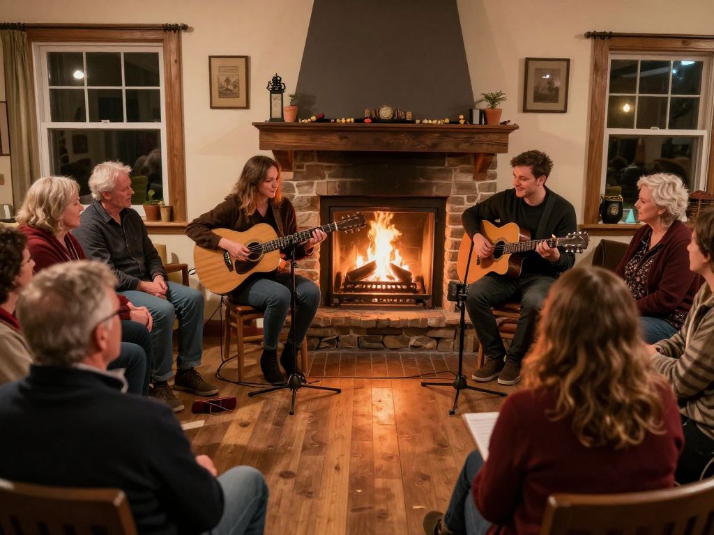 An intimate fireside gathering featuring local musicians performing in front of an engaged audience.