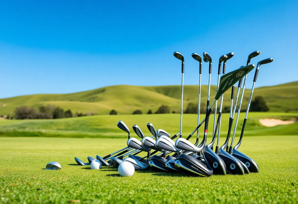 Collection of golf clubs including drivers, irons, and wedges on green grass