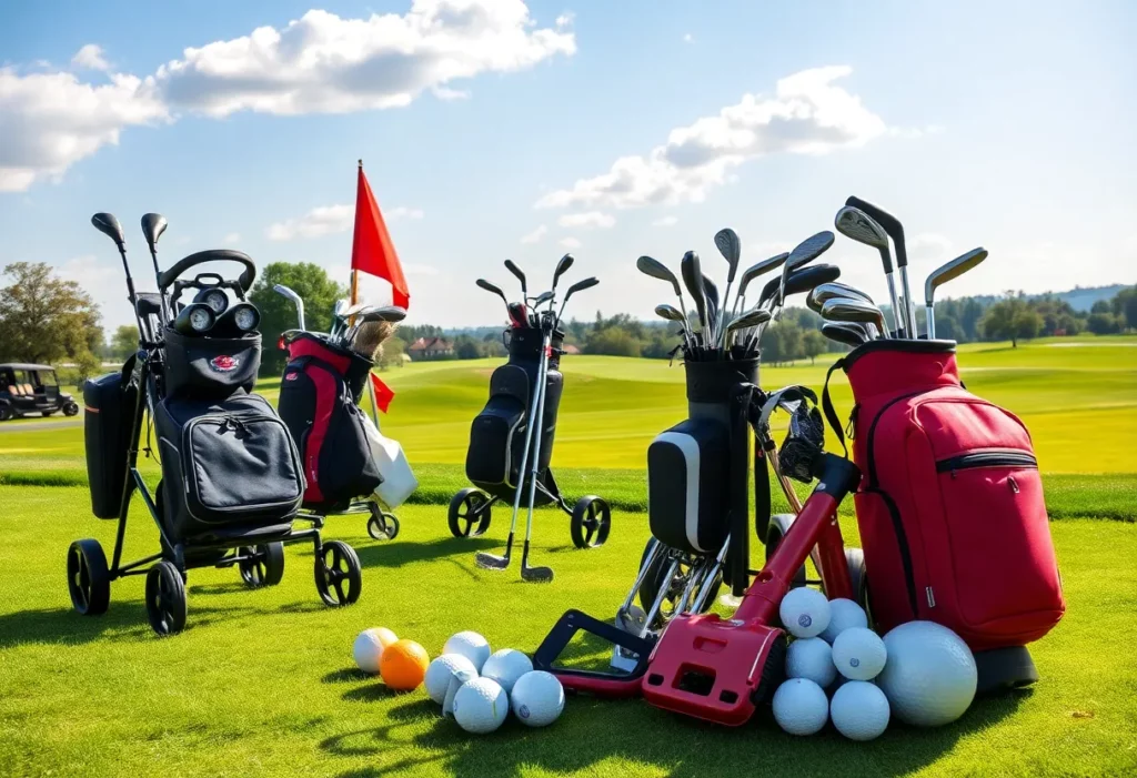 Collection of golf trolleys and clubs on a golf course.