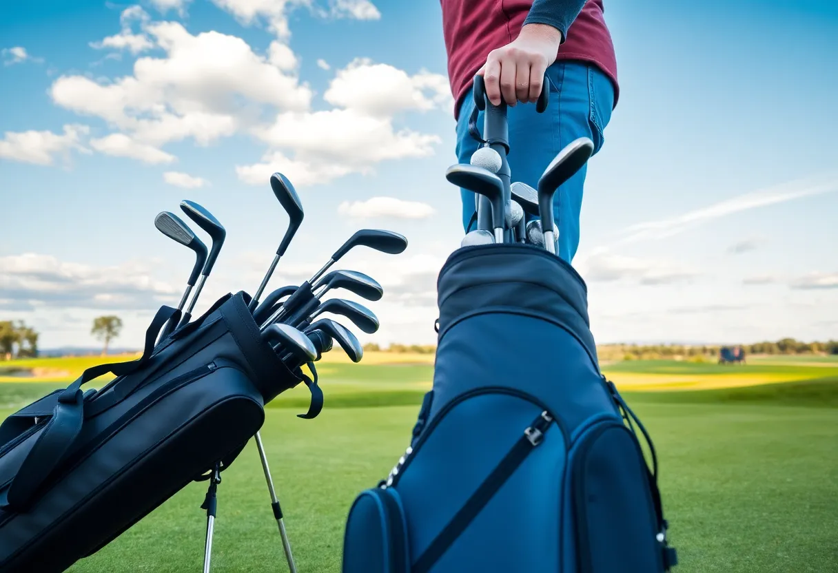 A golfer with a suitcase and golf clubs at a golf course