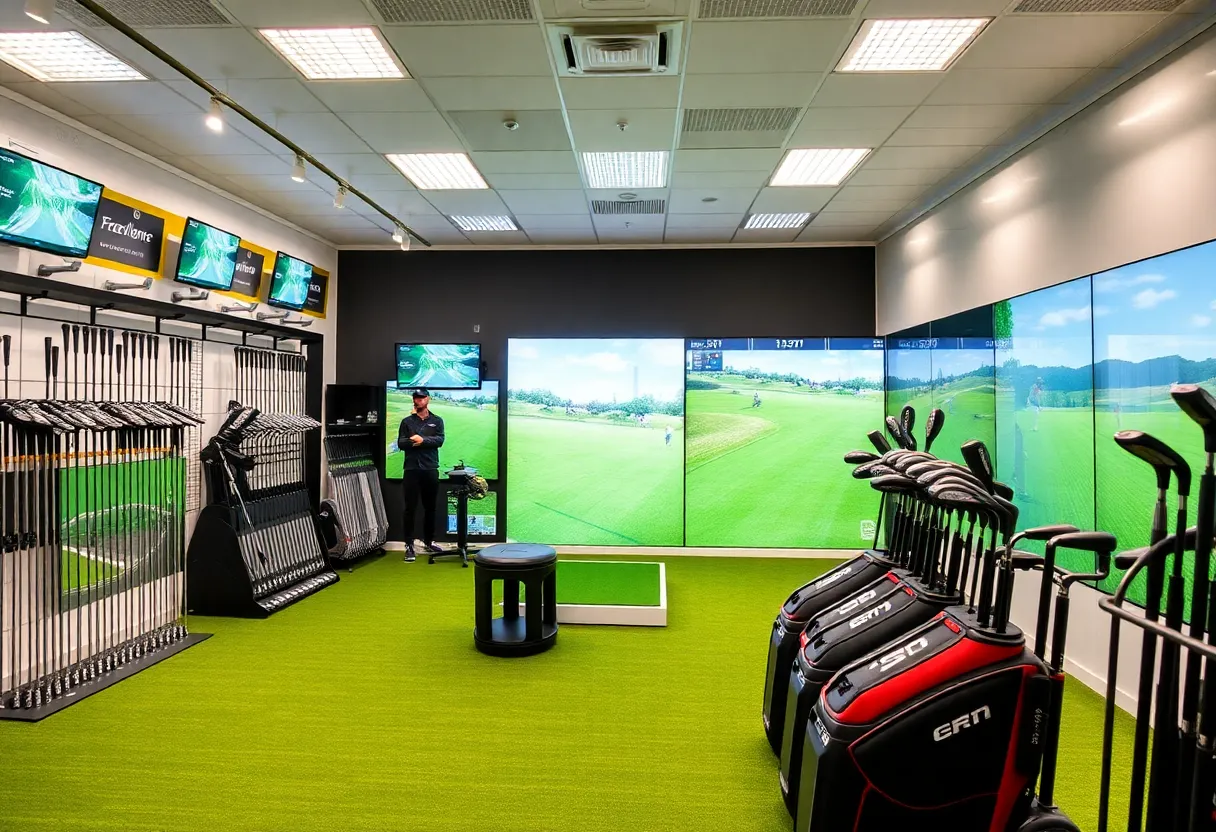 A vibrant display of used golf equipment in a modern retail environment.