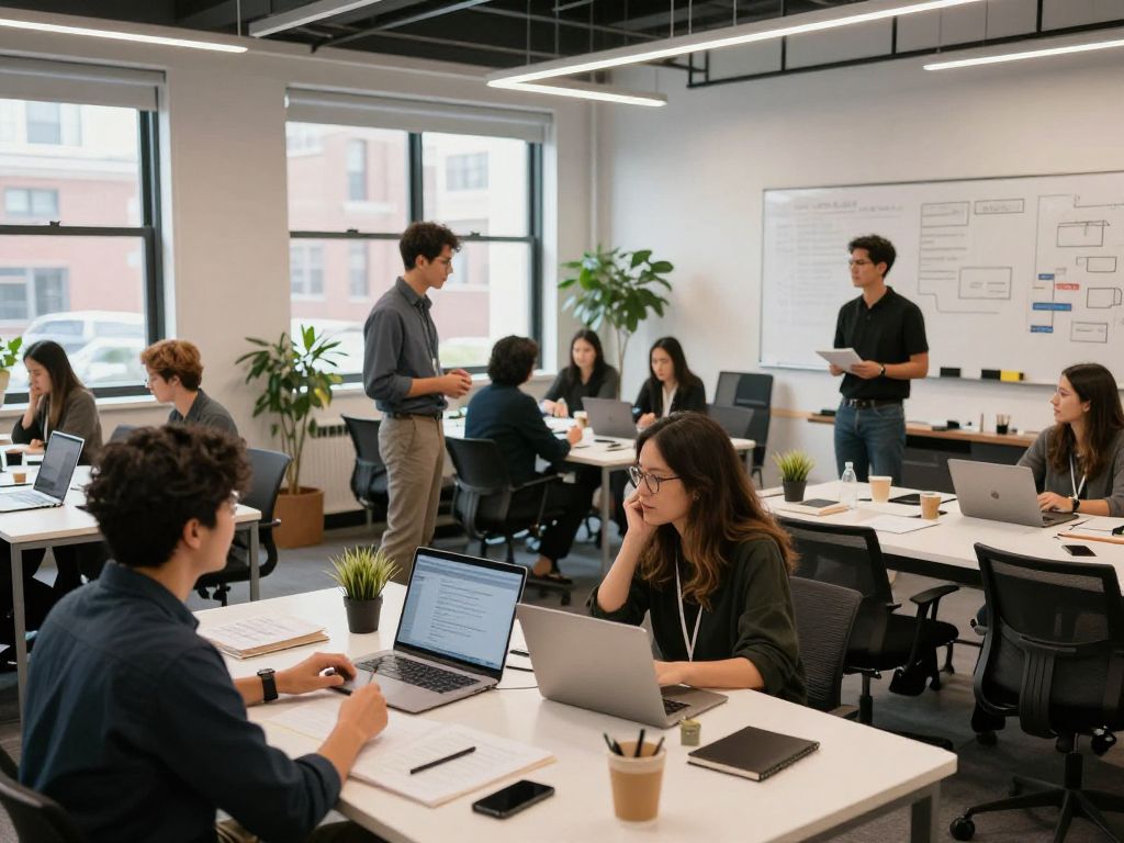 Entrepreneurs in Boston collaborating in a vibrant workspace.