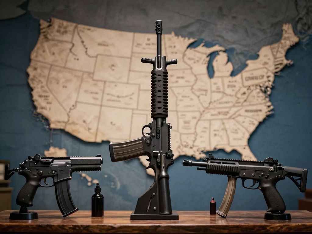 Illustration of firearms on a map of the United States representing gun trafficking issues.