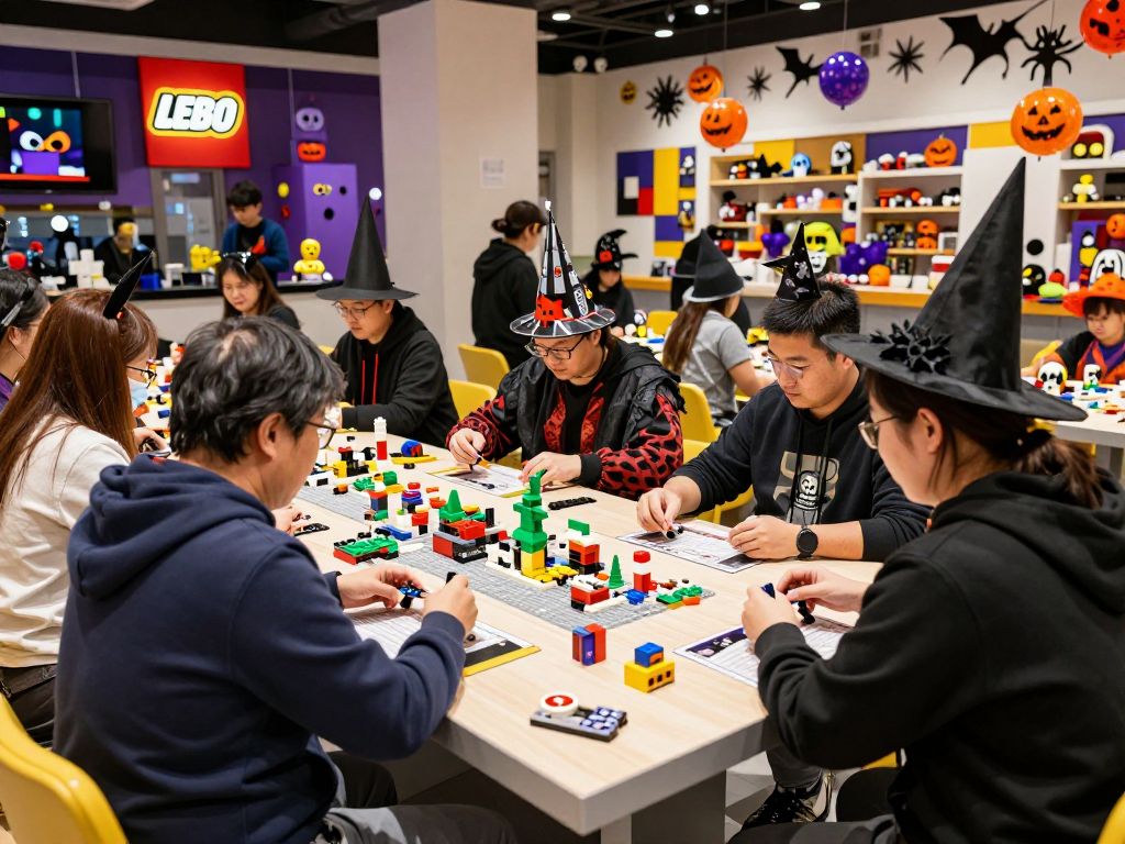 Adults enjoying Halloween-themed activities at LEGO Discovery Center Boston