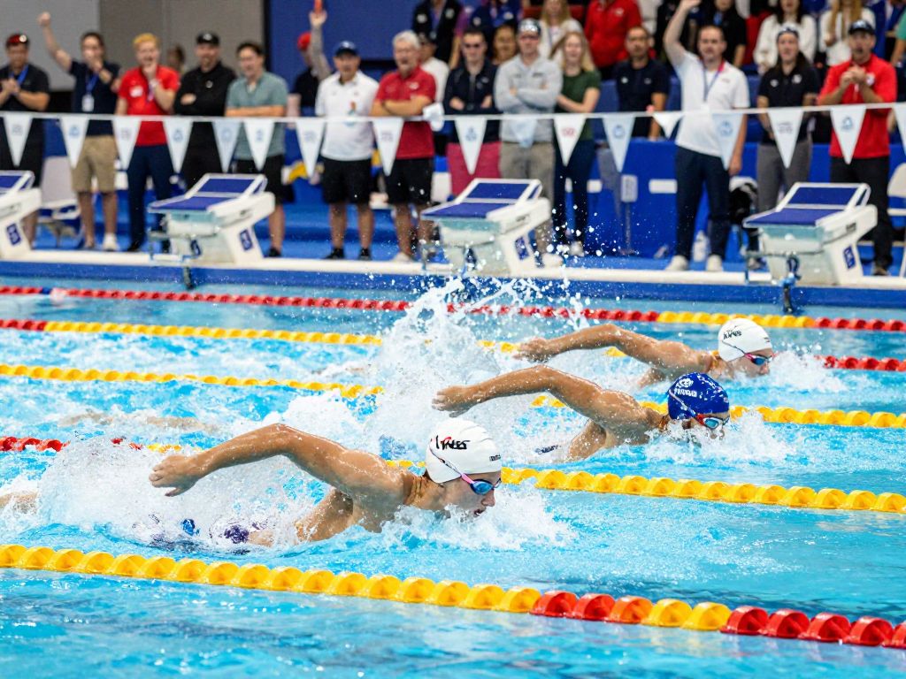Harvard Men's Swimming and Diving team competing in a race at Blodgett Pool