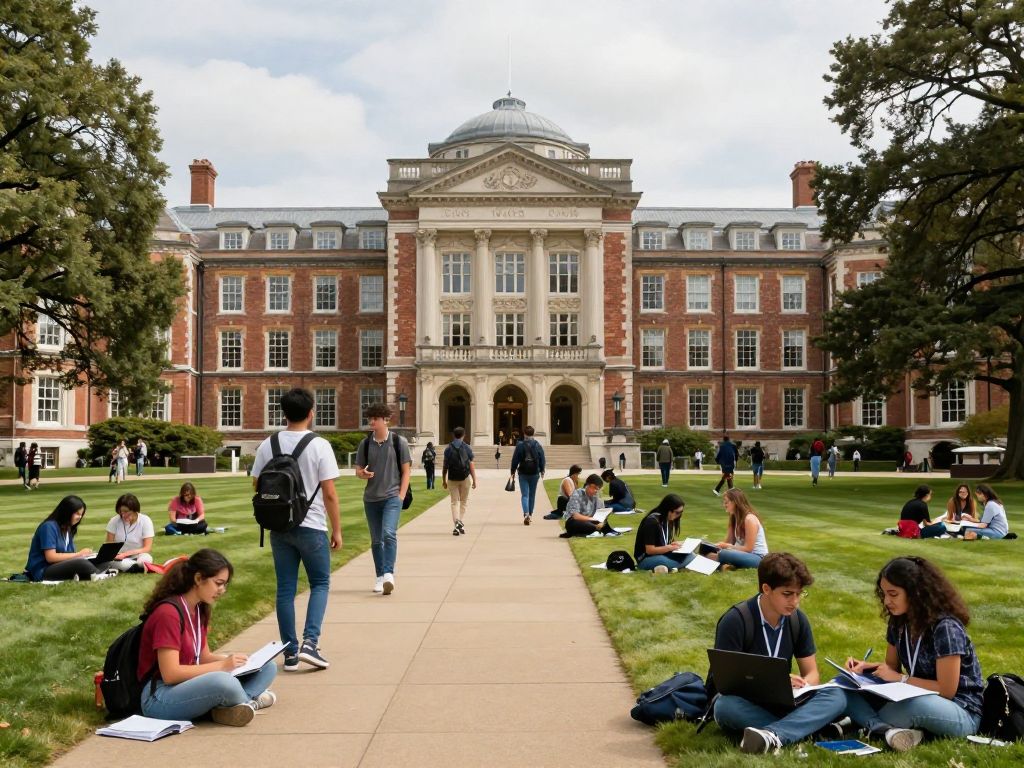 Campus scene of Harvard University with diverse student interactions