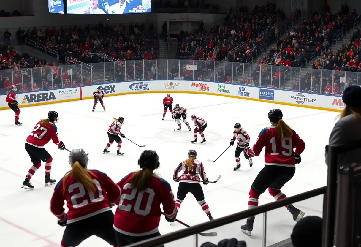 Hingham High's girls ice hockey team playing against Westwood in an intense matchup.