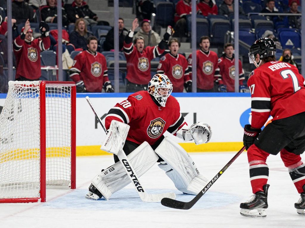 A goaltender in ice hockey gear making a save.
