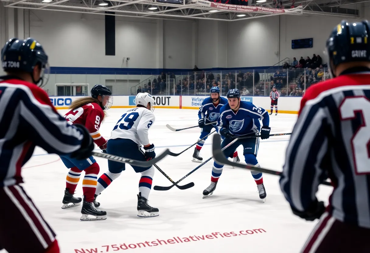 High school hockey players in action during an overtime match