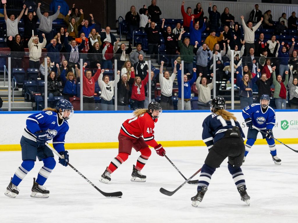Holy Cross women's ice hockey players competing against Boston College