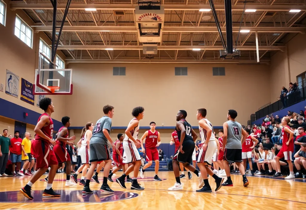 High school basketball players in action at the Hoophall Classic