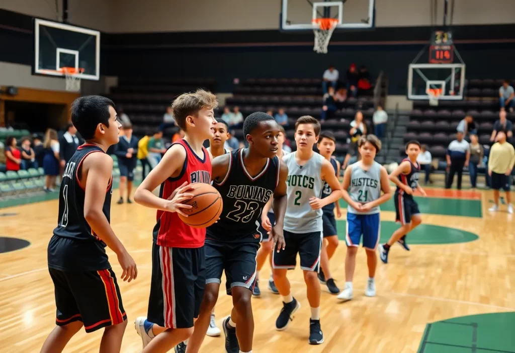 Young athletes competing in a high school basketball game in Boston.