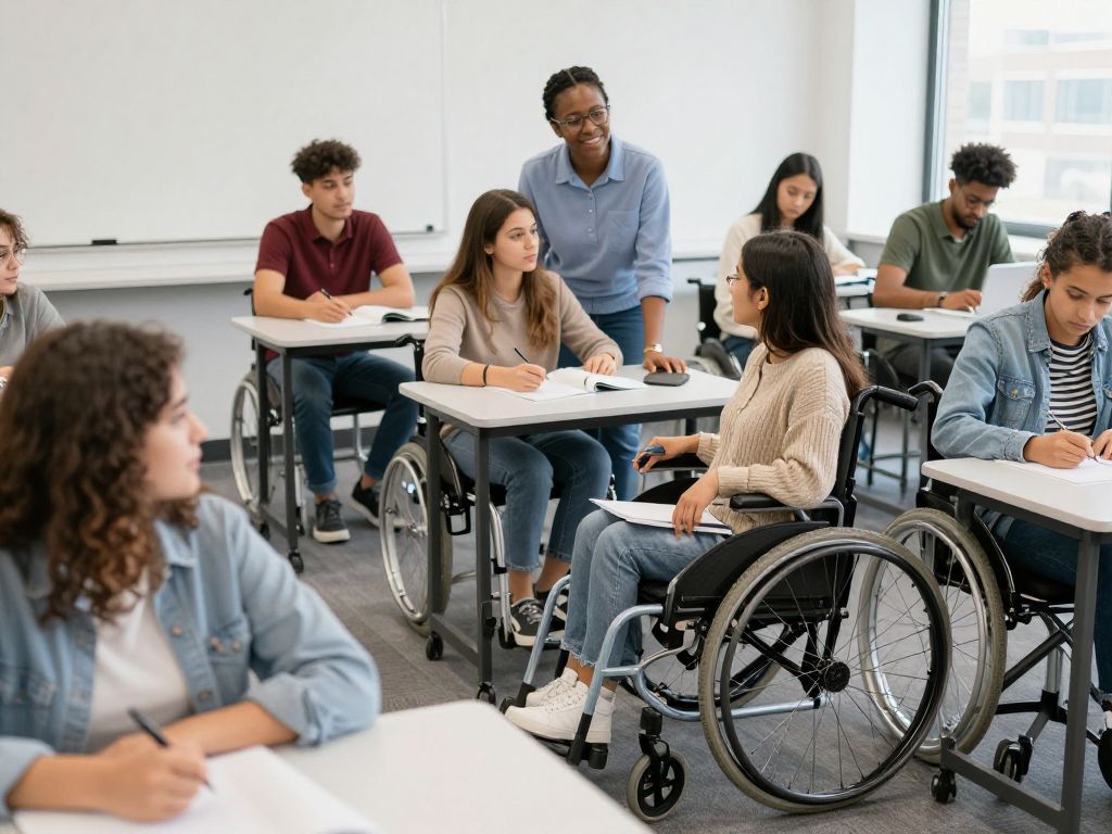 Students in a diverse classroom setting focused on collaborative learning.