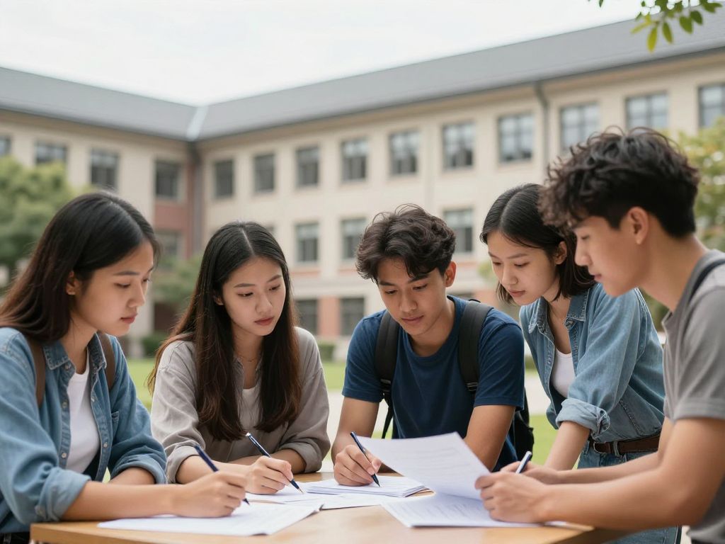 Diverse group of international students working together on a project at a university.