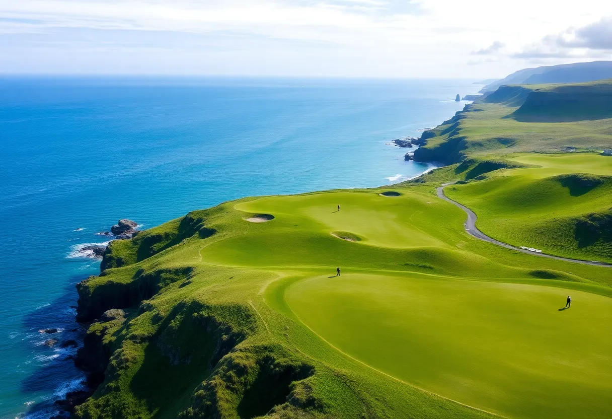 A golfer playing on a lush green Irish golf course