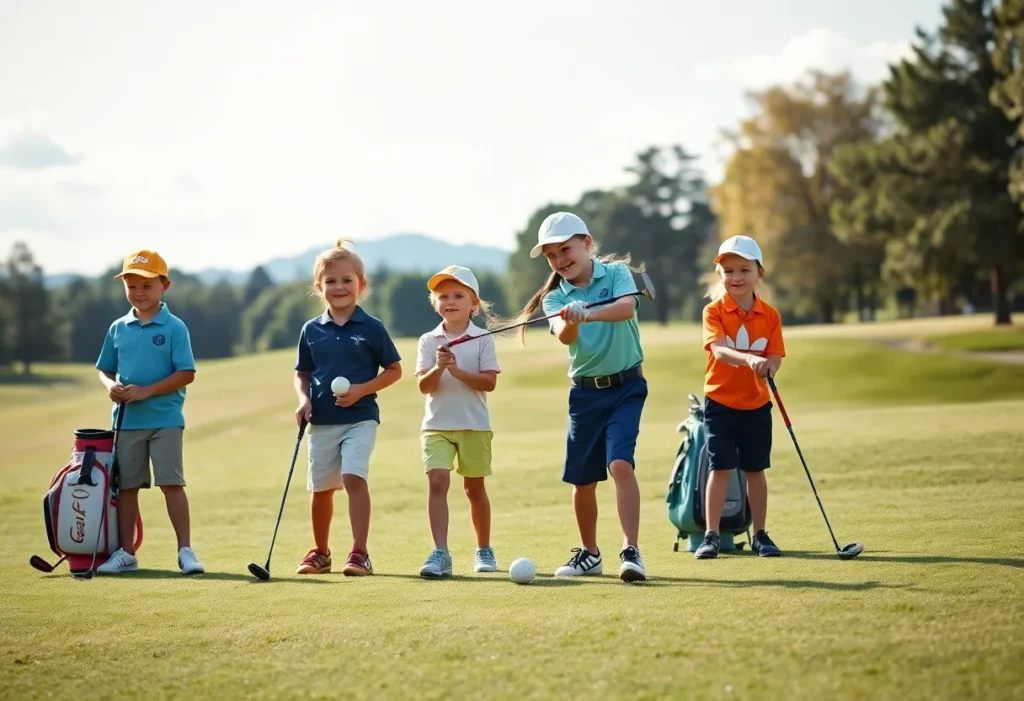 Children playing golf with junior equipment in Europe.