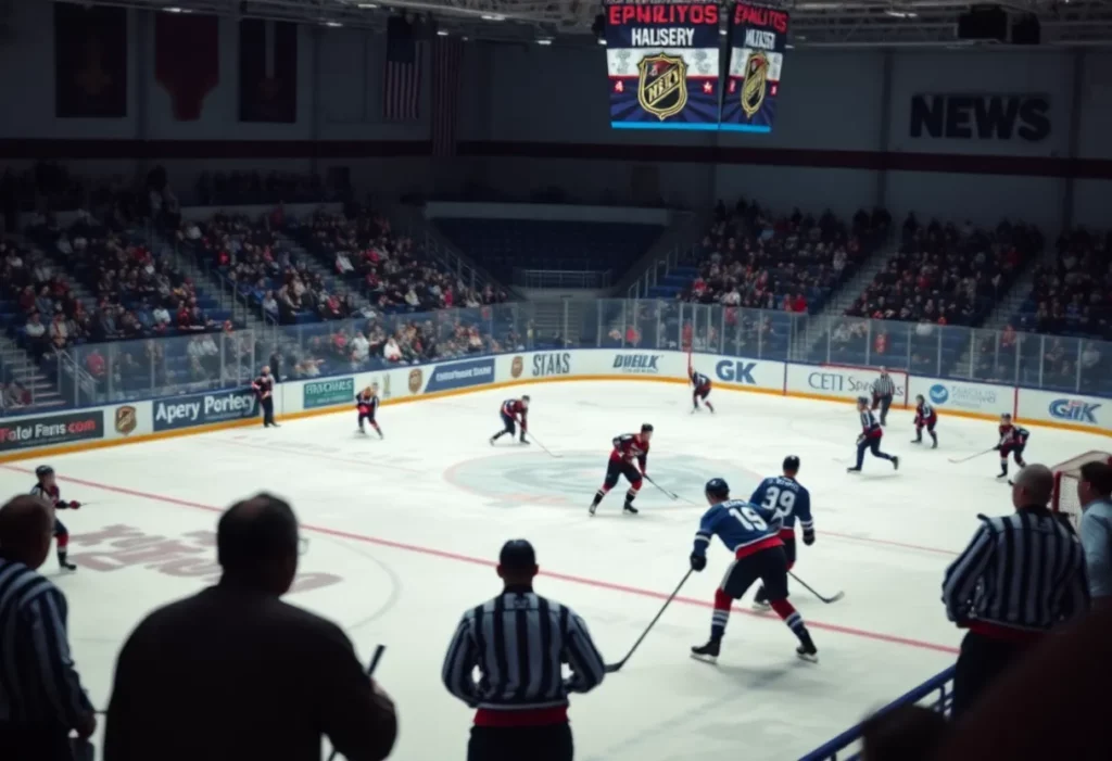 King Philip High School hockey players in action during a game.
