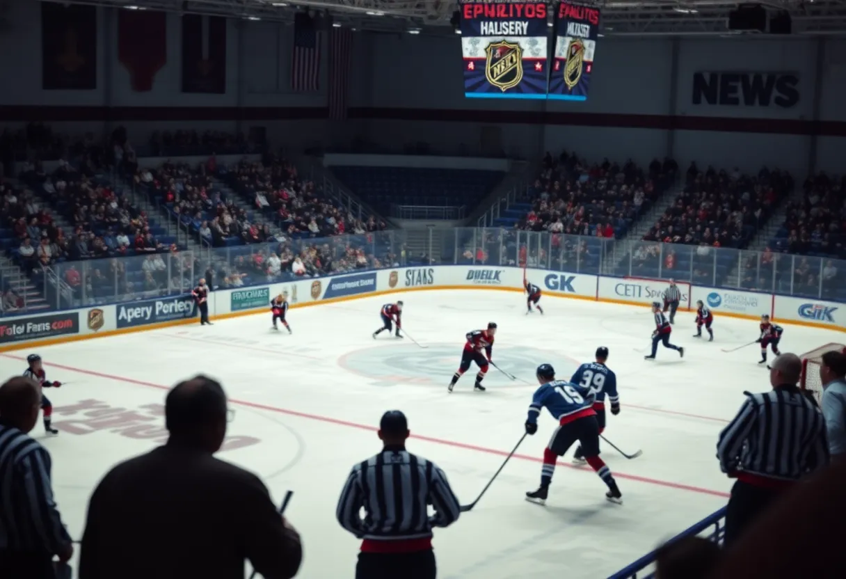 King Philip High School hockey players in action during a game.