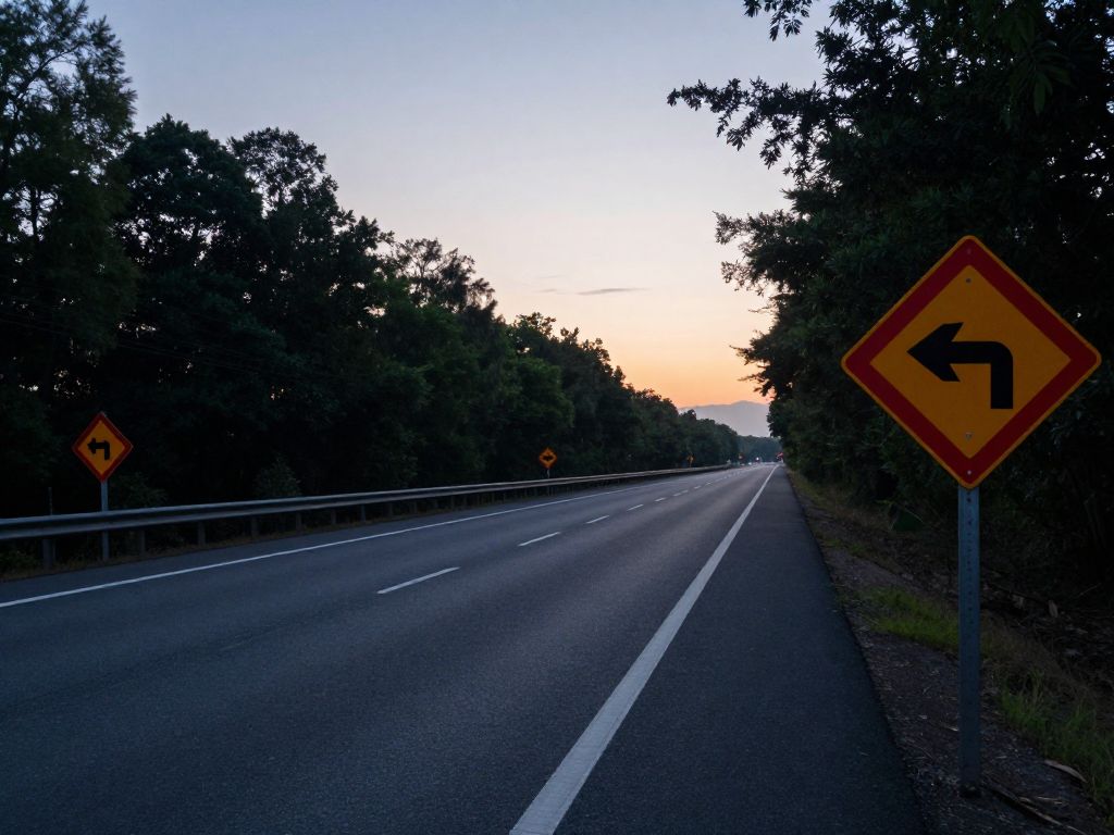 Empty highway with warning signs regarding wrong-way driving