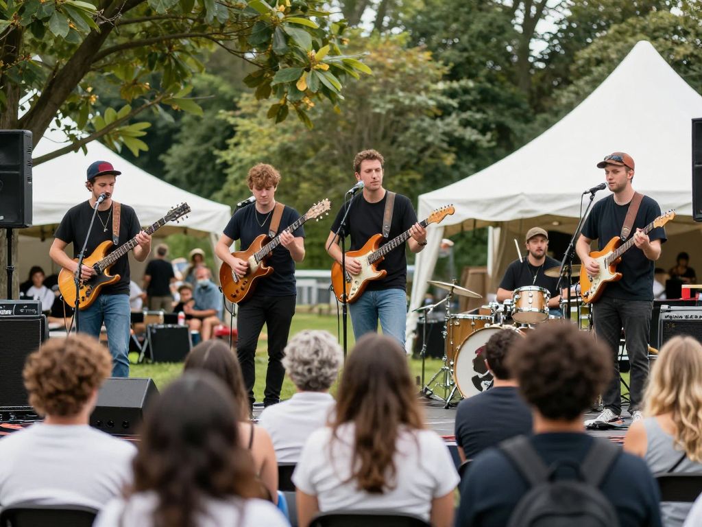 A vibrant local music showcase with performers and an enthusiastic audience in Watertown.