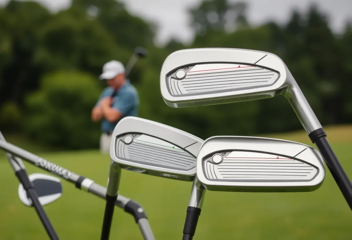 Golfer analyzing various iron clubs focusing on loft differences