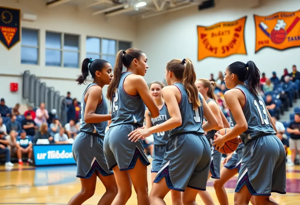 Lynn Classical girls basketball team showing teamwork during a game.