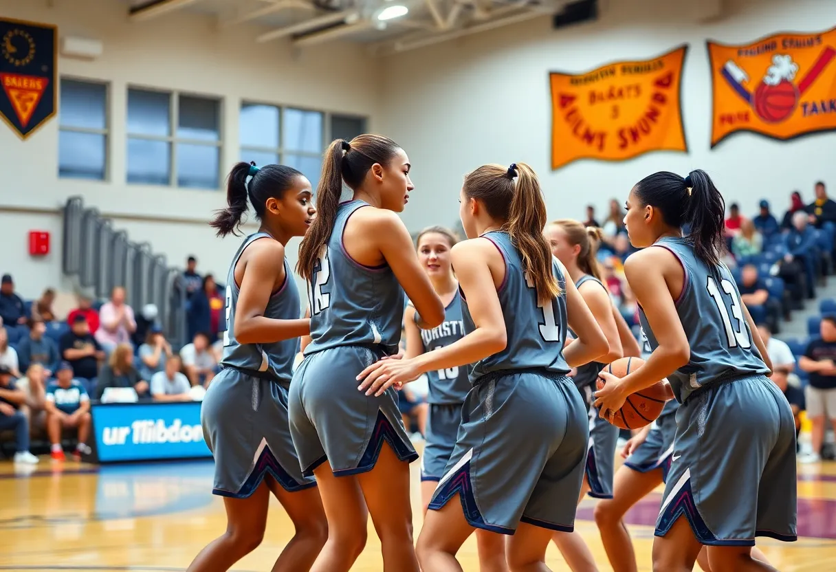 Lynn Classical girls basketball team showing teamwork during a game.