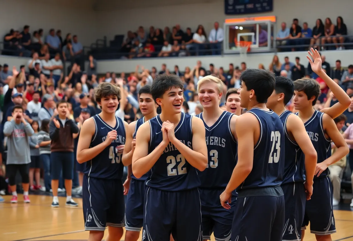 Malden Catholic boys basketball team celebrating a win on the court.