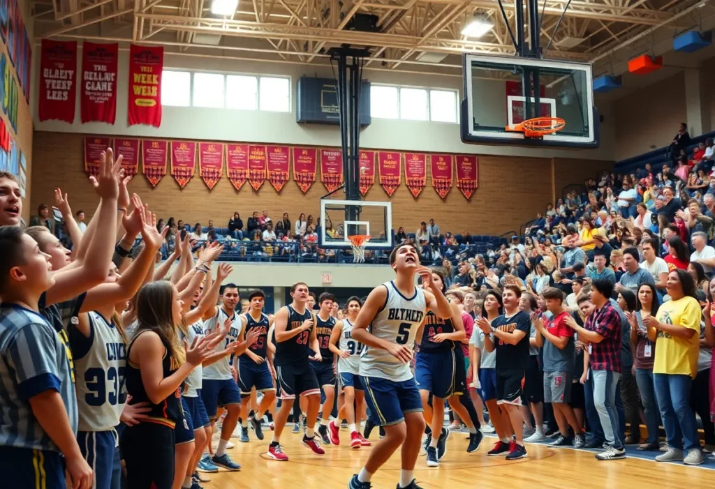High school basketball game at Mansfield with cheering fans and active players.