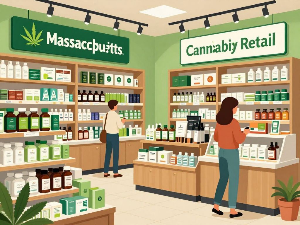 A busy cannabis retail store in Massachusetts displaying various cannabis products.
