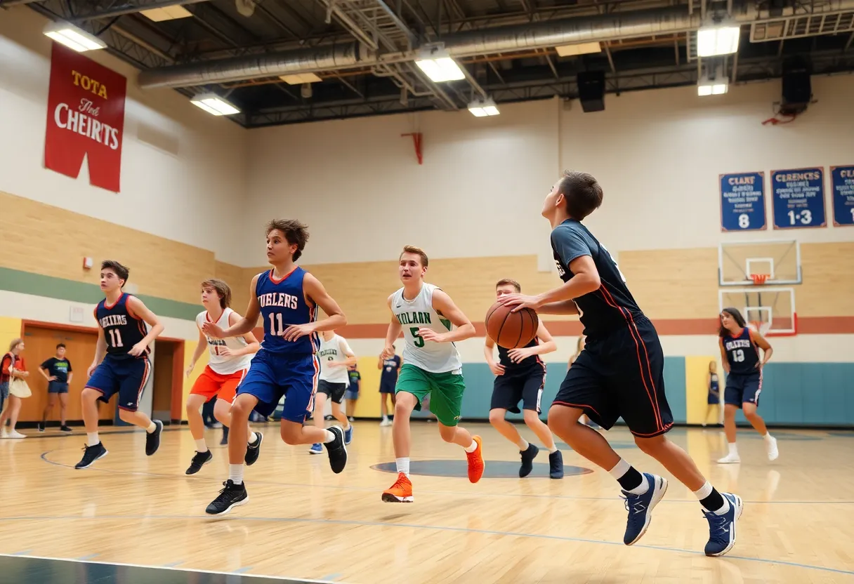 High school boys basketball players competing in a game