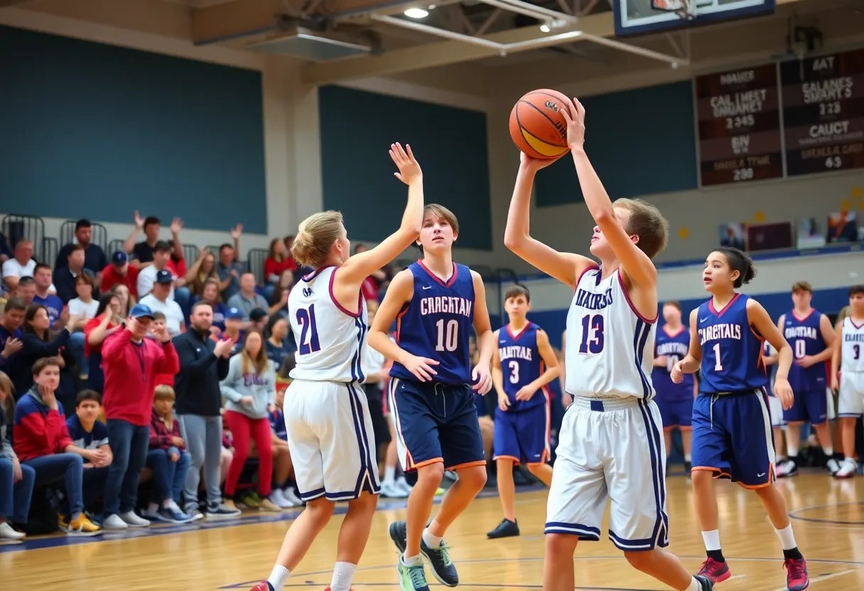 High school basketball players competing on the court