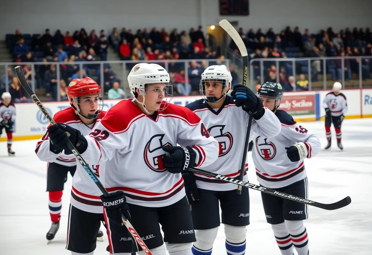 High school hockey players in Massachusetts showing teamwork and dedication during a match.