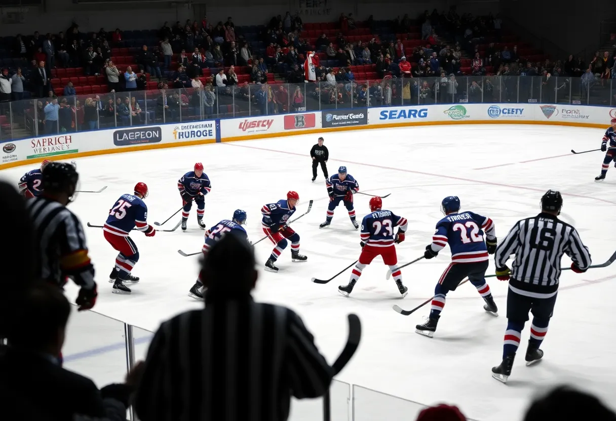 High school hockey teams compete on ice during an exciting game.