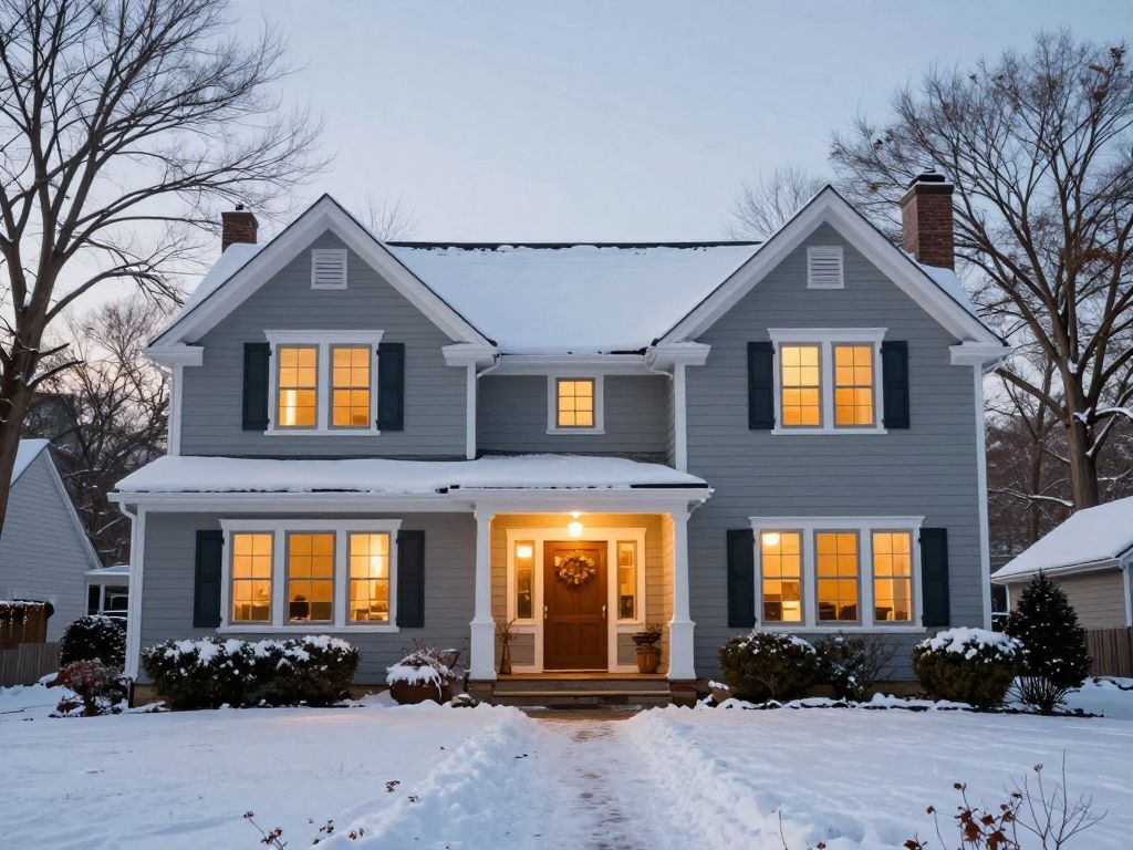A cozy Massachusetts home with snow, representing utility bill reductions in winter.