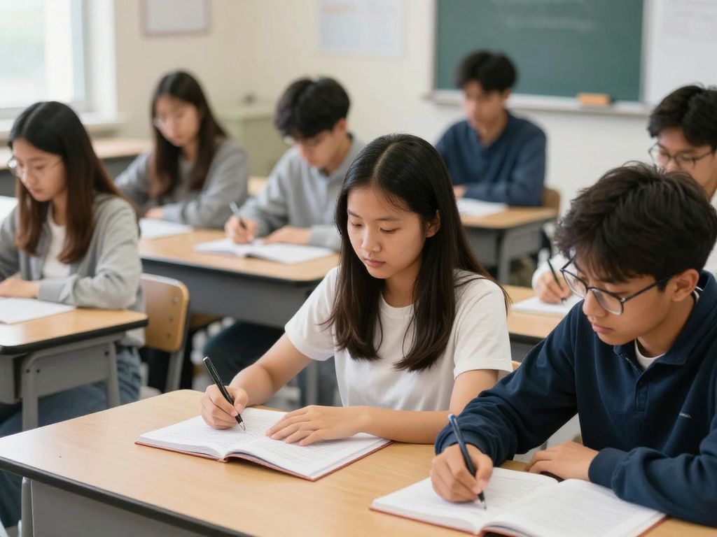 High school students in a classroom taking college-level courses.